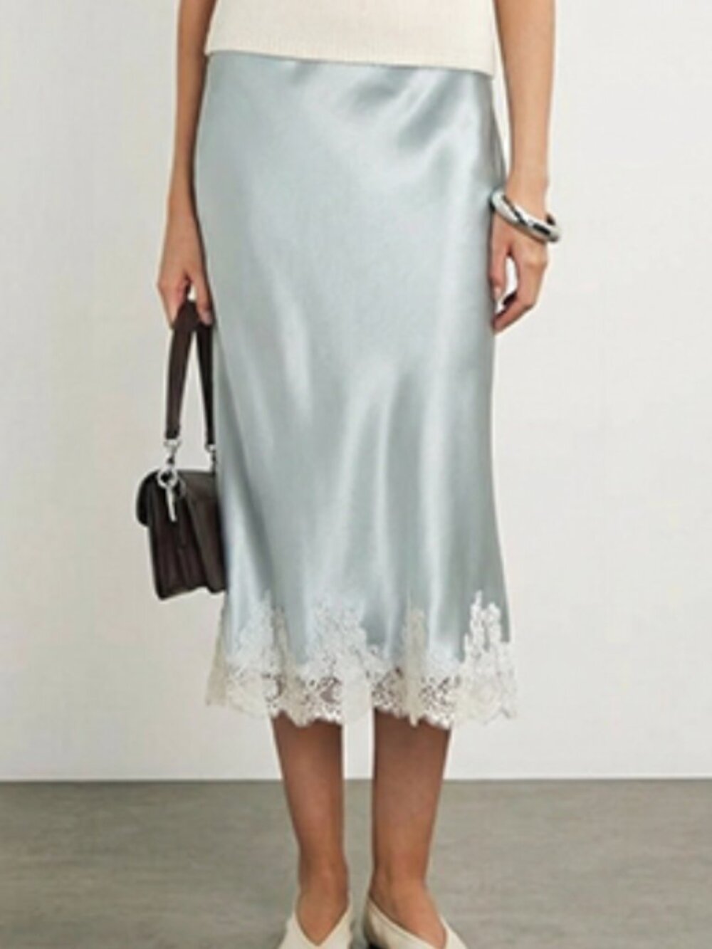 NWT Baby Blue Satin Lace Trim Midi Skirt